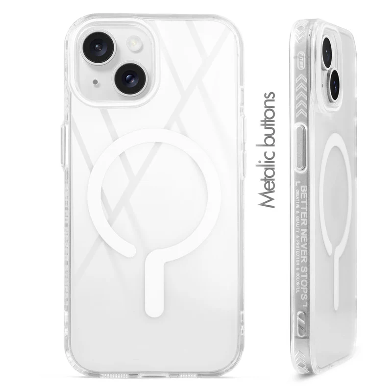 360° Airbag Protection Jelly Transparent Wireless Charging Support Compatible Back Case For Apple iPhone 15 with Metal Finish Buttons - Image 36