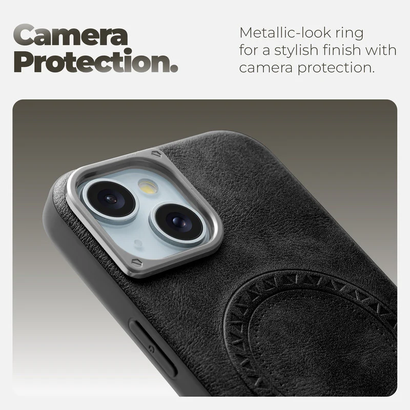 Alloy Camera Ring Faux Leather Back Case for Apple iPhone 13 , Hard Shell with Wireless Charging Support Support - Image 4