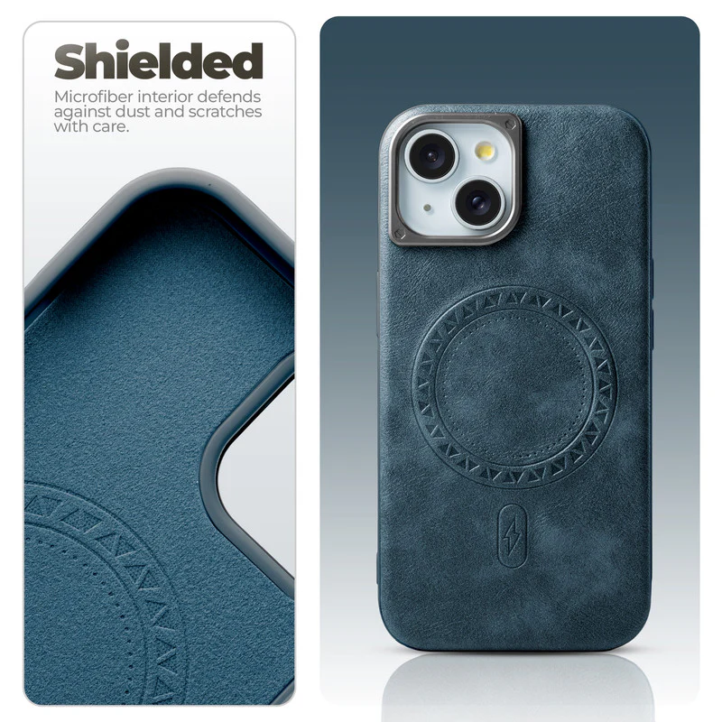 Alloy Camera Ring Faux Leather Back Case for Apple iPhone 14 , Hard Shell with Wireless Charging Support Support - Image 27
