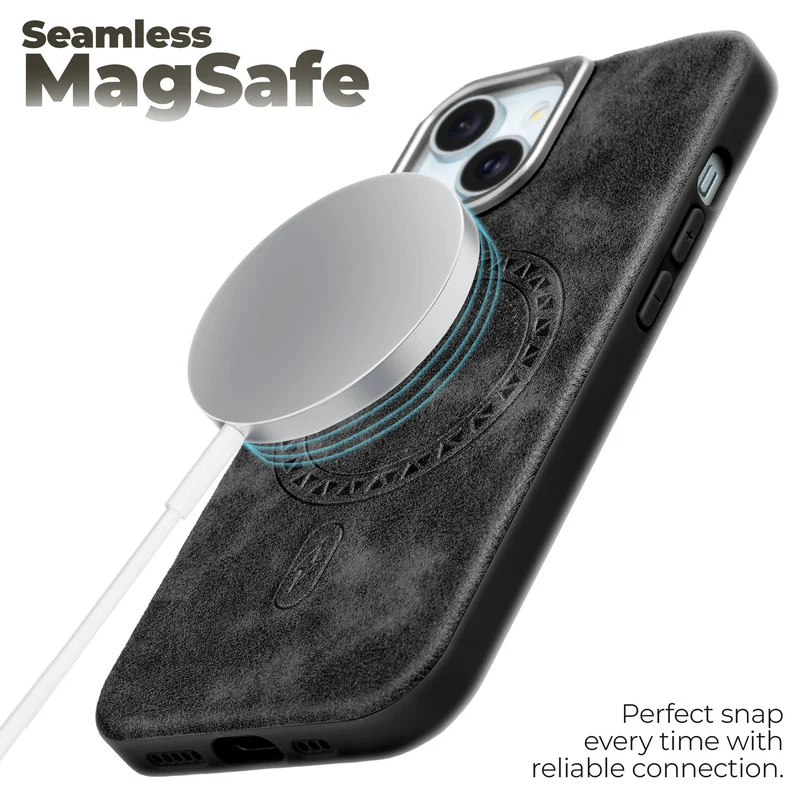 Alloy Camera Ring Faux Leather Back Case for Apple iPhone 15 , Hard Shell with Wireless Charging Support Support - Image 6