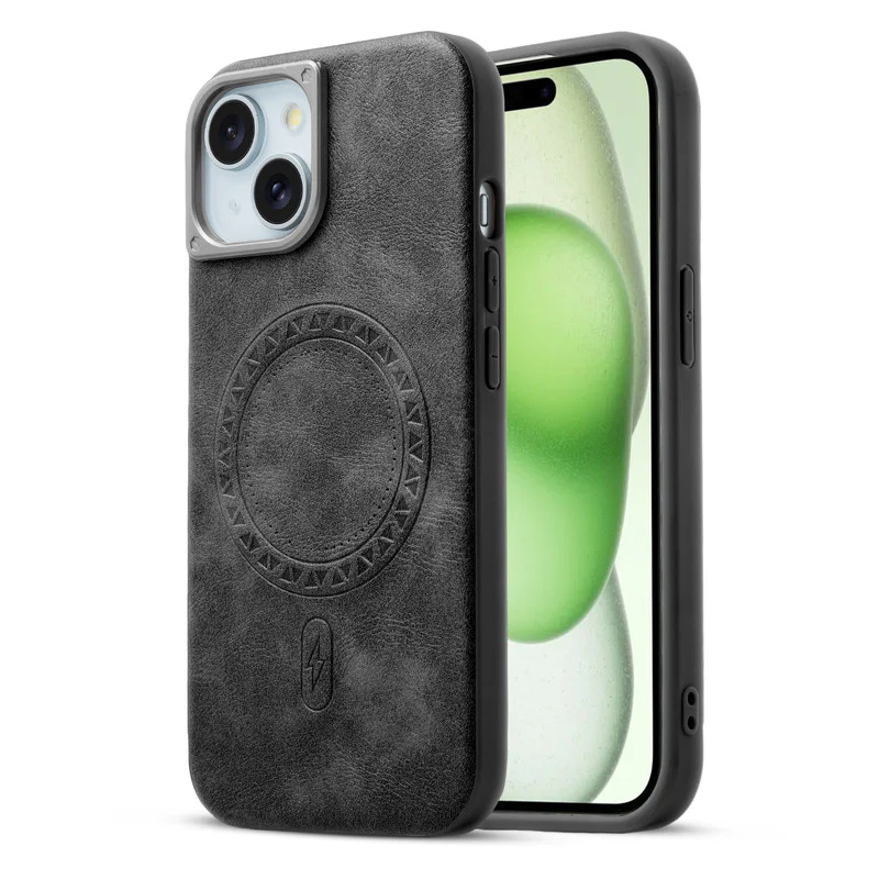 Alloy Camera Ring Faux Leather Back Case for Apple iPhone 15 Plus , Hard Shell with Wireless Charging Support Support