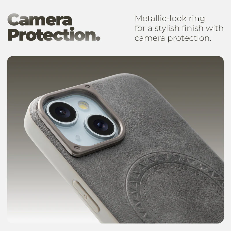 Alloy Camera Ring Faux Leather Back Case for Apple iPhone 15 Plus , Hard Shell with Wireless Charging Support Support - Image 22
