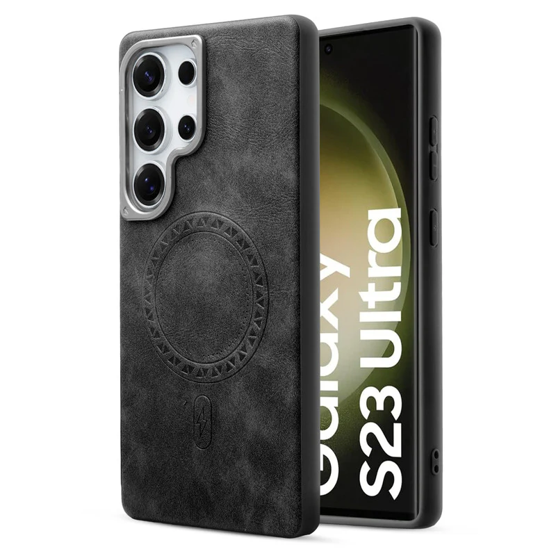 Alloy Camera Ring Faux Leather Back Case for Samsung S23 Ultra 5G , Hard Shell with Wireless Charging Support Support