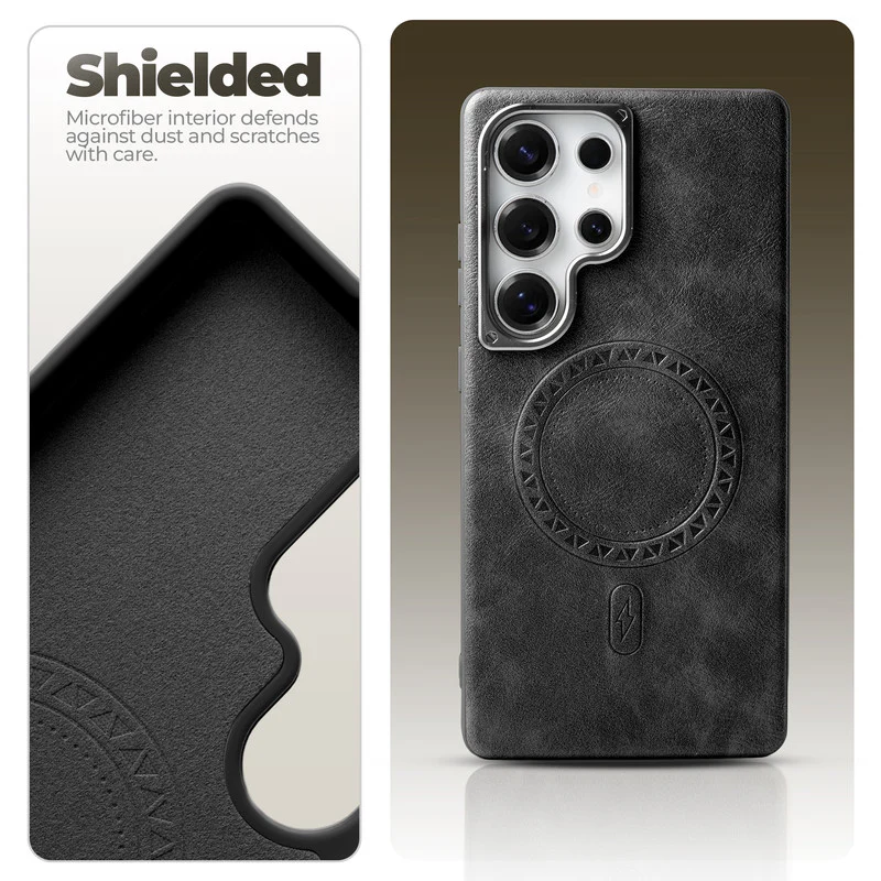 Alloy Camera Ring Faux Leather Back Case for Samsung S23 Ultra 5G , Hard Shell with Wireless Charging Support Support - Image 3