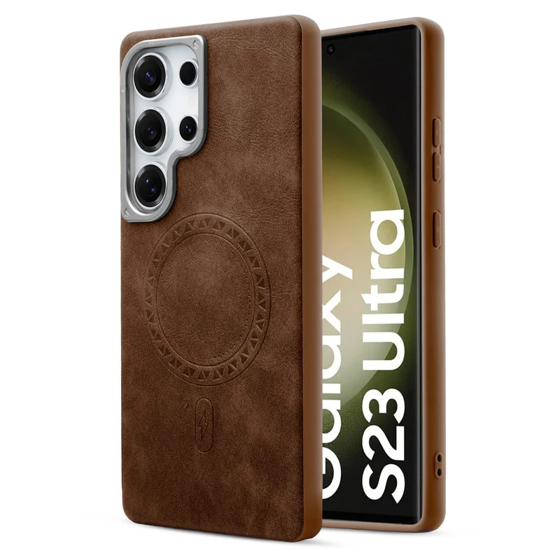 Alloy Camera Ring Faux Leather Back Case for Samsung S23 Ultra 5G , Hard Shell with Wireless Charging Support Support - Image 7