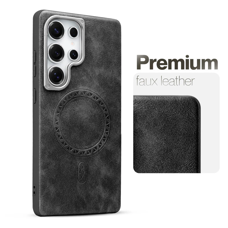 Alloy Camera Ring Faux Leather Back Case for Samsung S24 Ultra 5G , Hard Shell with Wireless Charging Support Support - Image 5