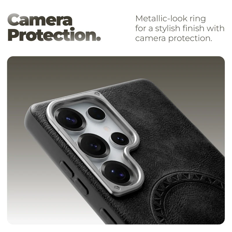 Alloy Camera Ring Faux Leather Back Case for Samsung S25 Ultra 5G , Hard Shell with Wireless Charging Support Support - Image 4