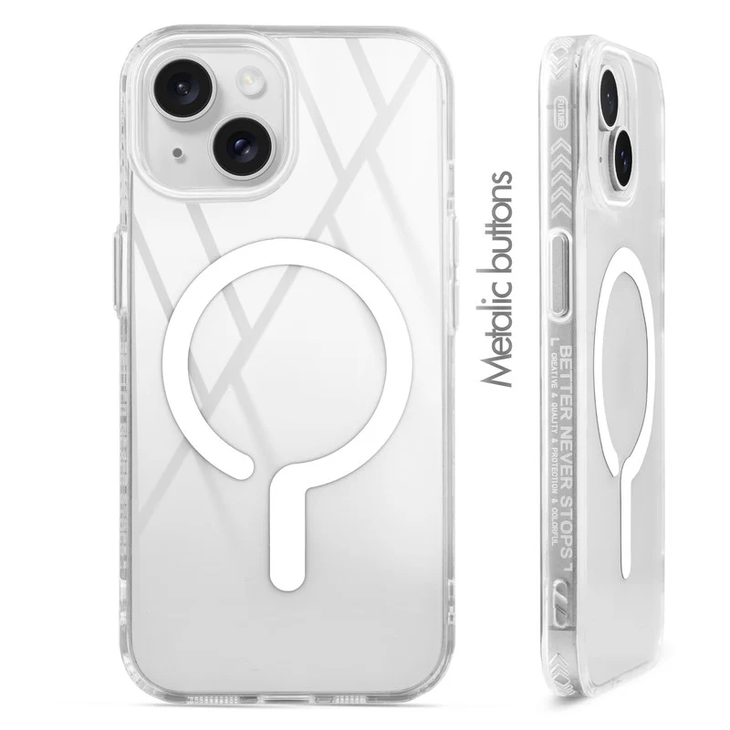Crystal Clear Airbag Bumper Wireless Charging Support Compatible Back Case For Apple iPhone 14 with Metal Finish Buttons - Image 36