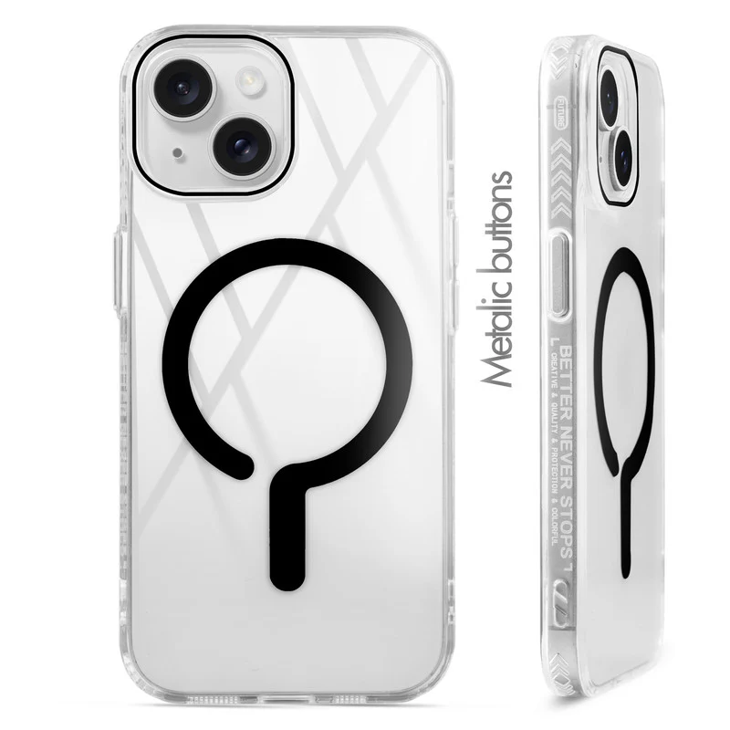 Crystal Clear Airbag Bumper Wireless Charging Support Compatible Back Case For Apple iPhone 14 with Metal Finish Buttons - Image 6