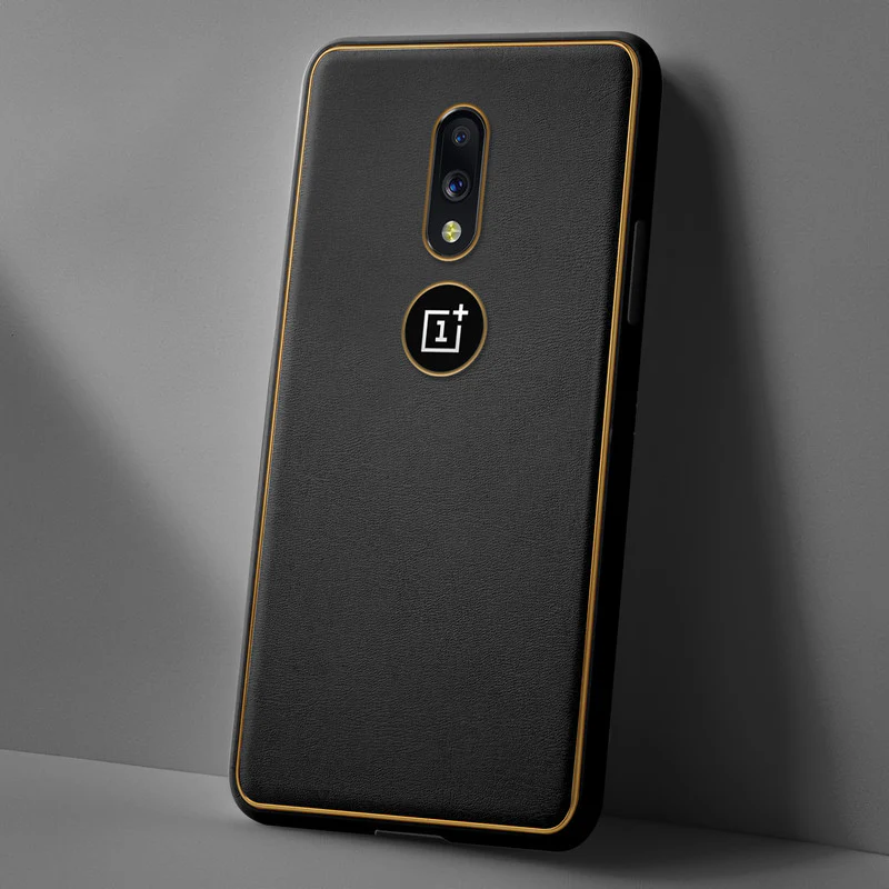 Electroplated Frame Leather Back Cover for OnePlus 7 - Image 3