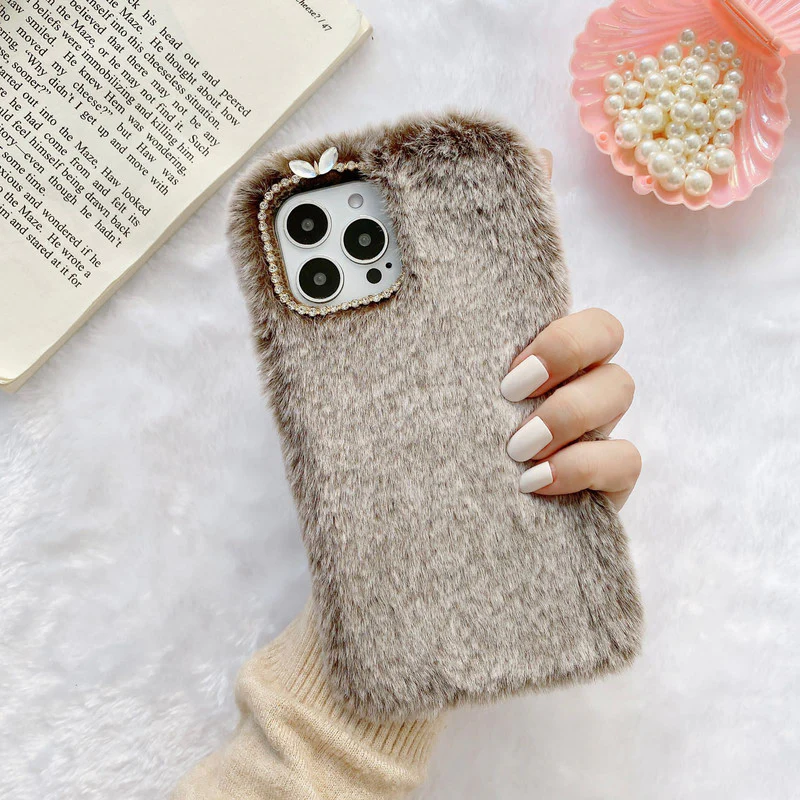 Fluffy Brown with Diamond Detailing Back Cover for Apple iPhone 15 Pro Max - Image 3