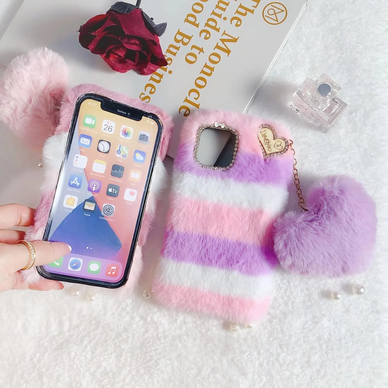 Fluffy Colorful Case with Heart Keychain Back Cover for Apple iPhone 14 - Image 5