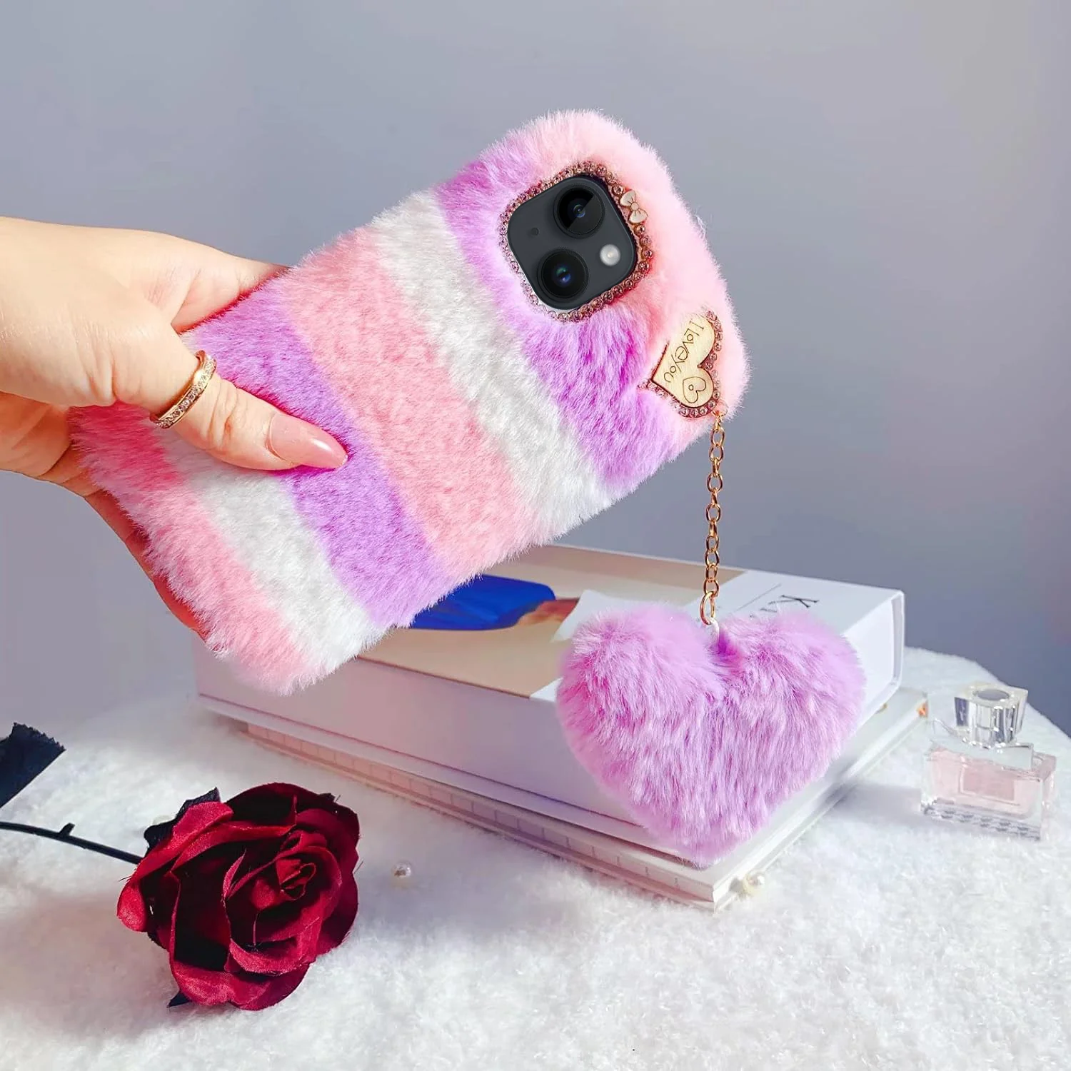 Fluffy Colorful Case with Heart Keychain Back Cover for Apple iPhone 14 - Image 6