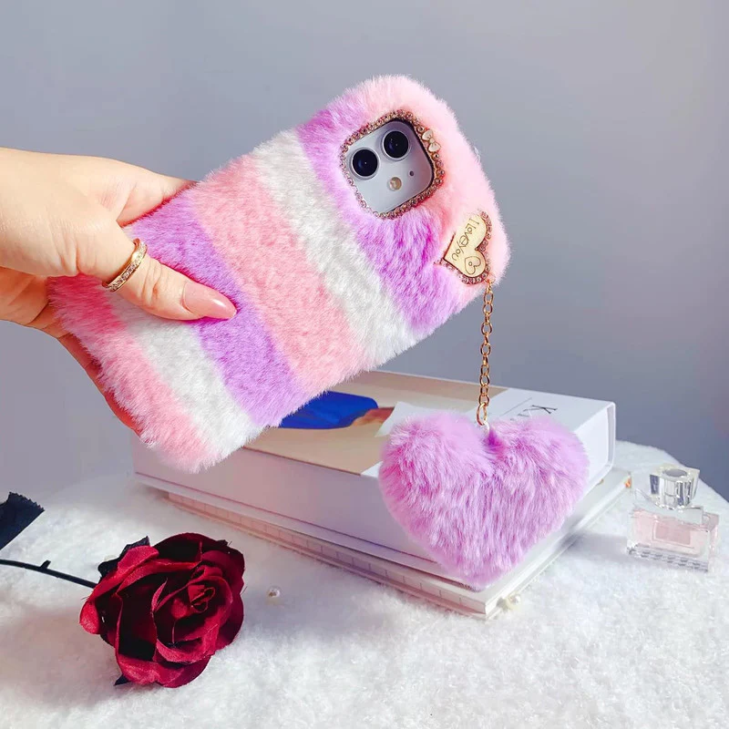 Fluffy Colorful Case with Heart Keychain Back Cover for Apple iPhone 15 Pro Max - Image 5