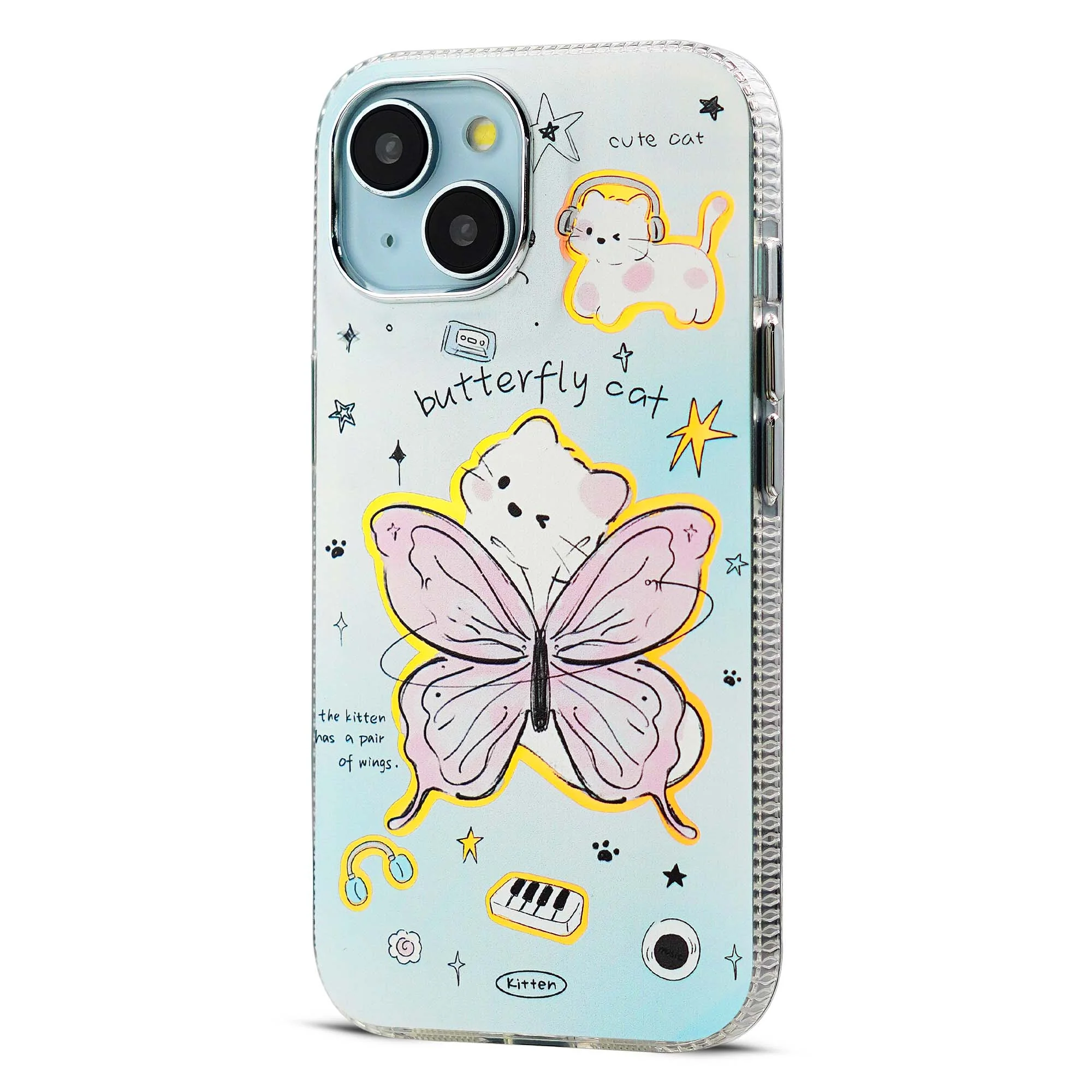 Luxury Butterfly Cat Print Back Cover for Apple iPhone 15