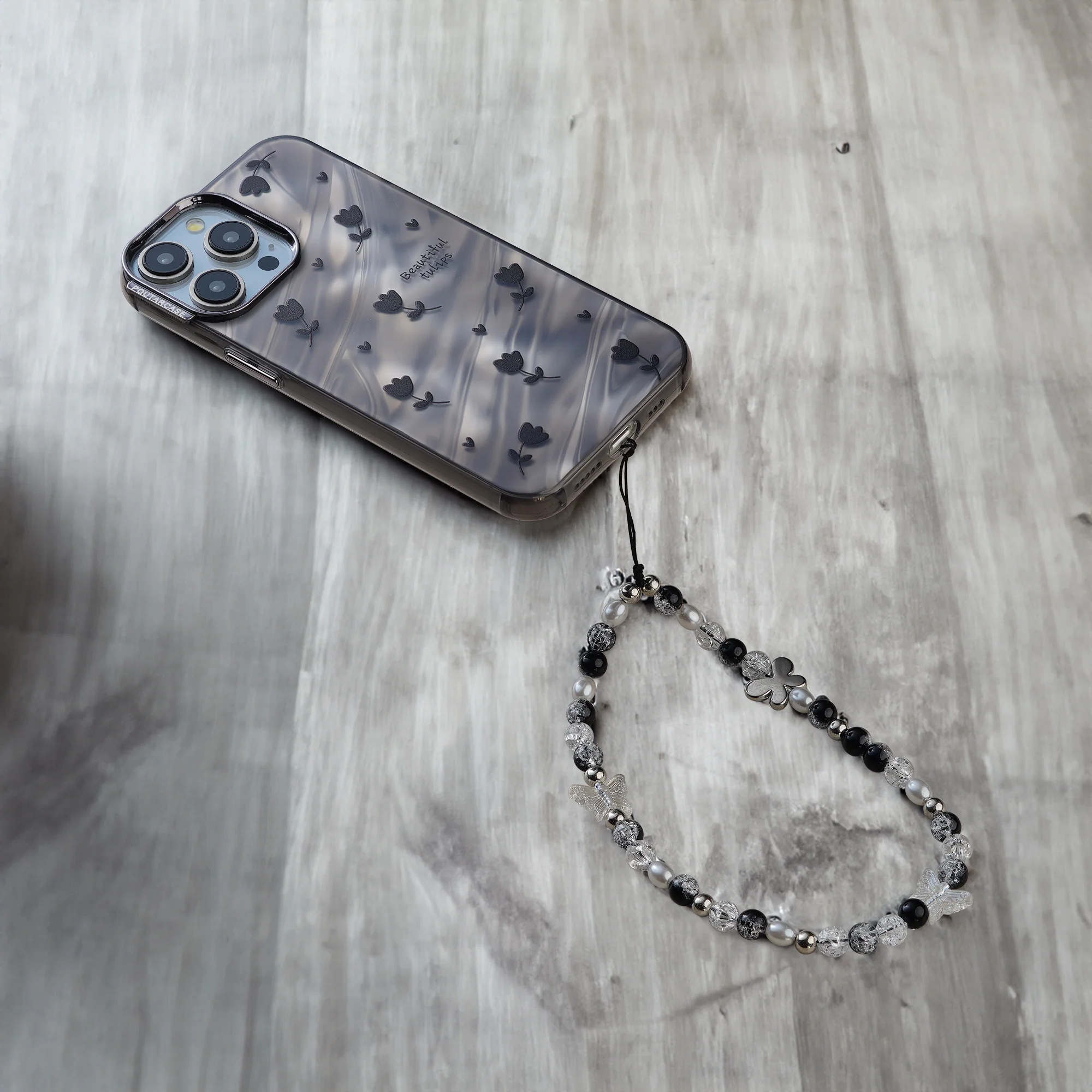 Luxury Tulip Flower Print Back Cover with Perl Chain for Apple iPhone 15 Pro - Image 3