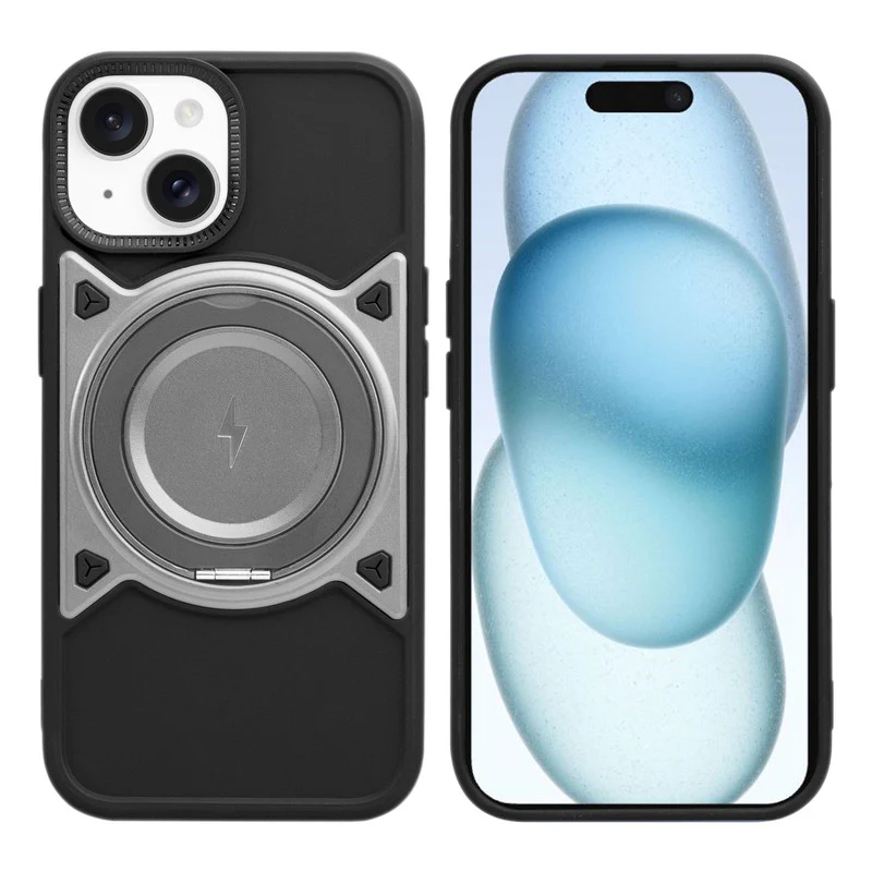 Wireless Charging Support Compatible with Metal Finish Ring Stand & Silicone Grip Back Case For Apple iPhone 15 - Image 16