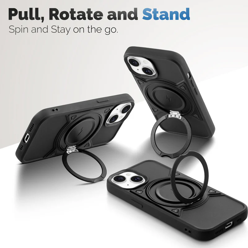 Wireless Charging Support Compatible with Metal Finish Ring Stand & Silicone Grip Back Case For Apple iPhone 15 - Image 3