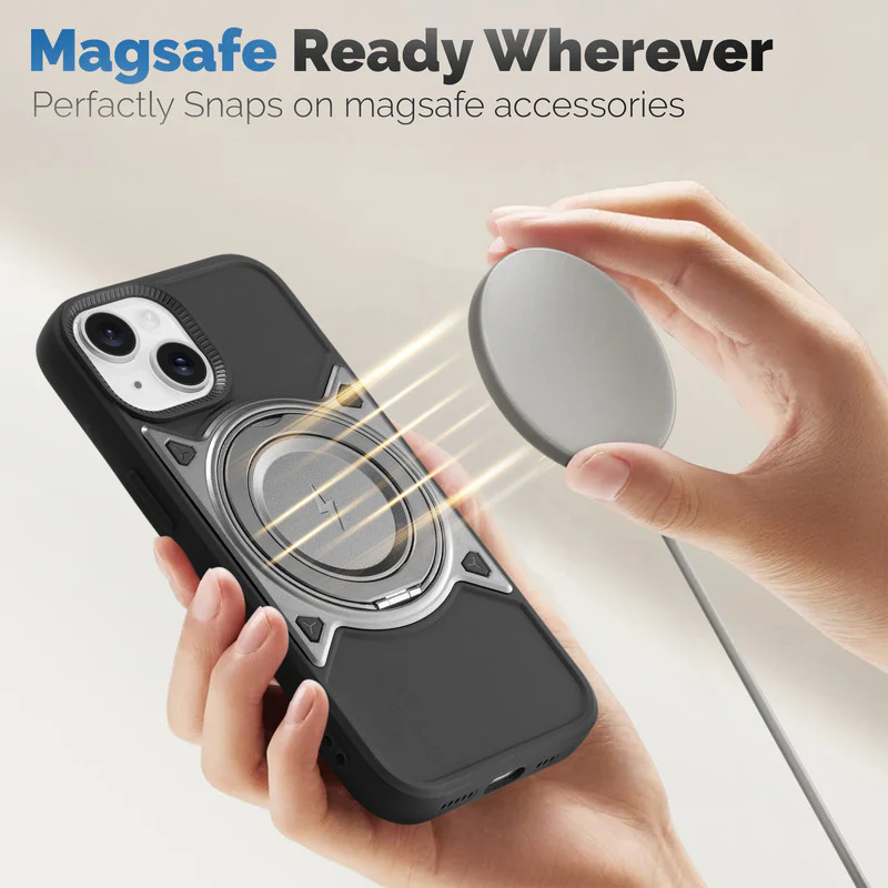 Wireless Charging Support Compatible with Metal Finish Ring Stand & Silicone Grip Back Case For Apple iPhone 15 Plus - Image 23