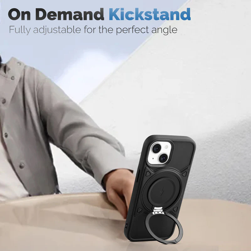 Wireless Charging Support Compatible with Metal Finish Ring Stand & Silicone Grip Back Case For Apple iPhone 15 Plus - Image 6
