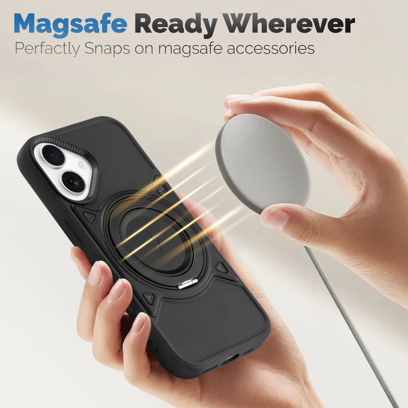 Wireless Charging Support Compatible with Metal Finish Ring Stand & Silicone Grip Back Case For Apple iPhone 16 - Image 5