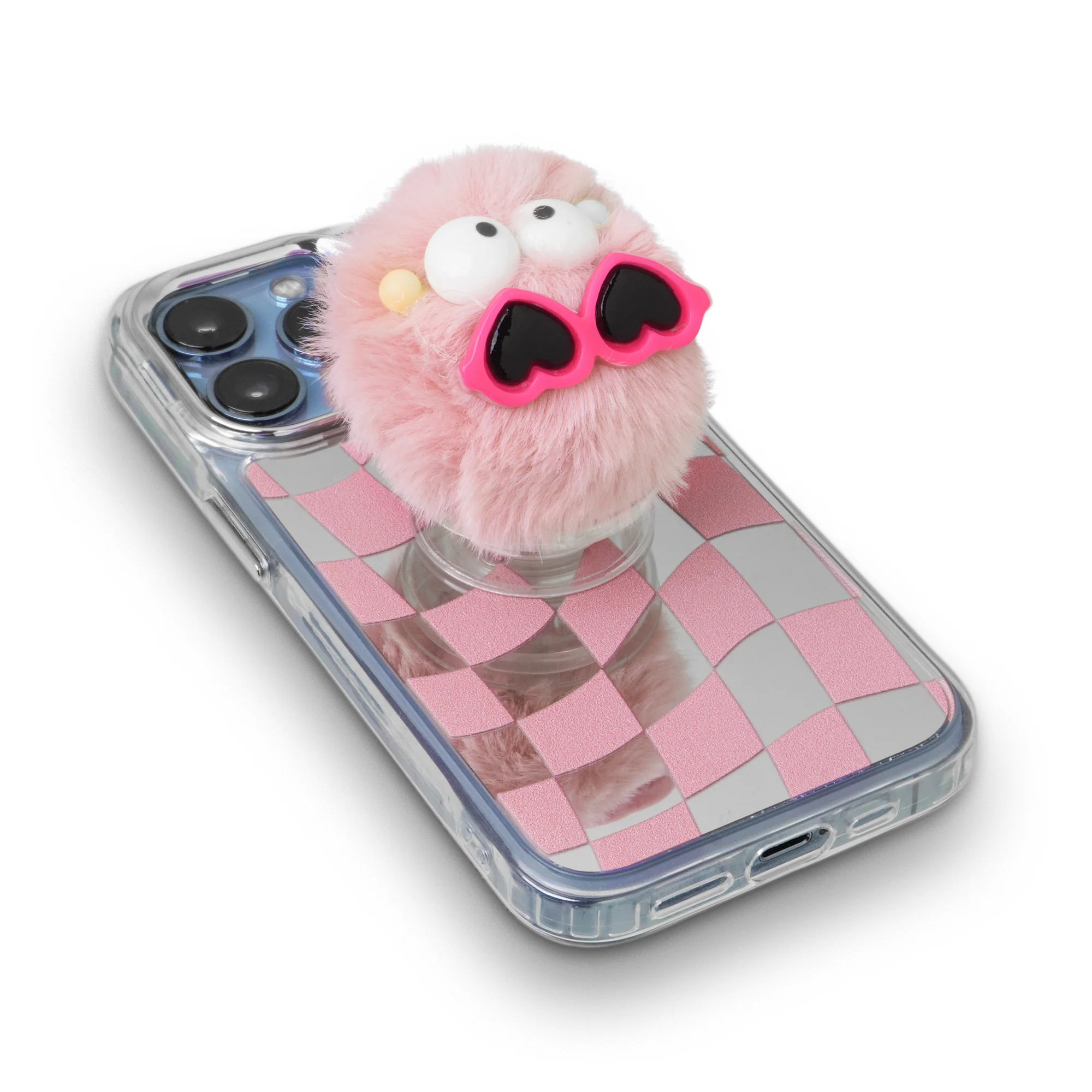 Mirror Checkered Pattern Back Cover with a Fur Pop Socket for Apple iPhone 14 - Image 11