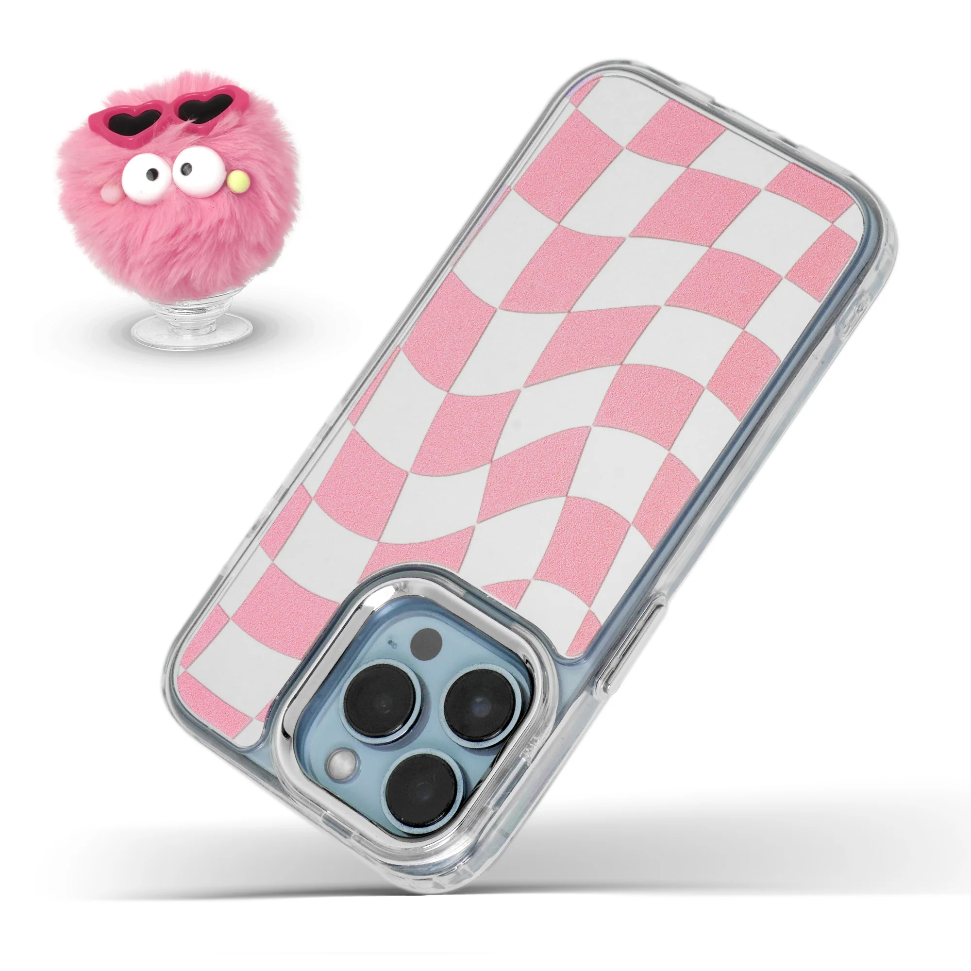 Mirror Checkered Pattern Back Cover with a Fur Pop Socket for Apple iPhone 14 Pro - Image 7