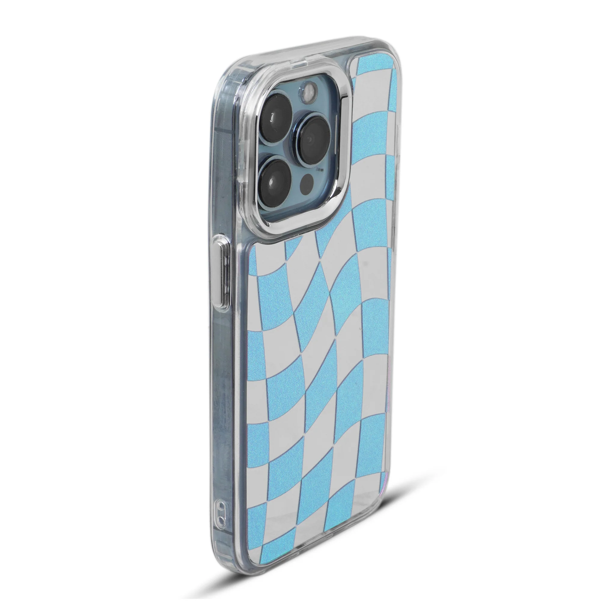 Mirror Checkered Pattern Back Cover with a Fur Pop Socket for Apple iPhone 15 Plus - Image 10