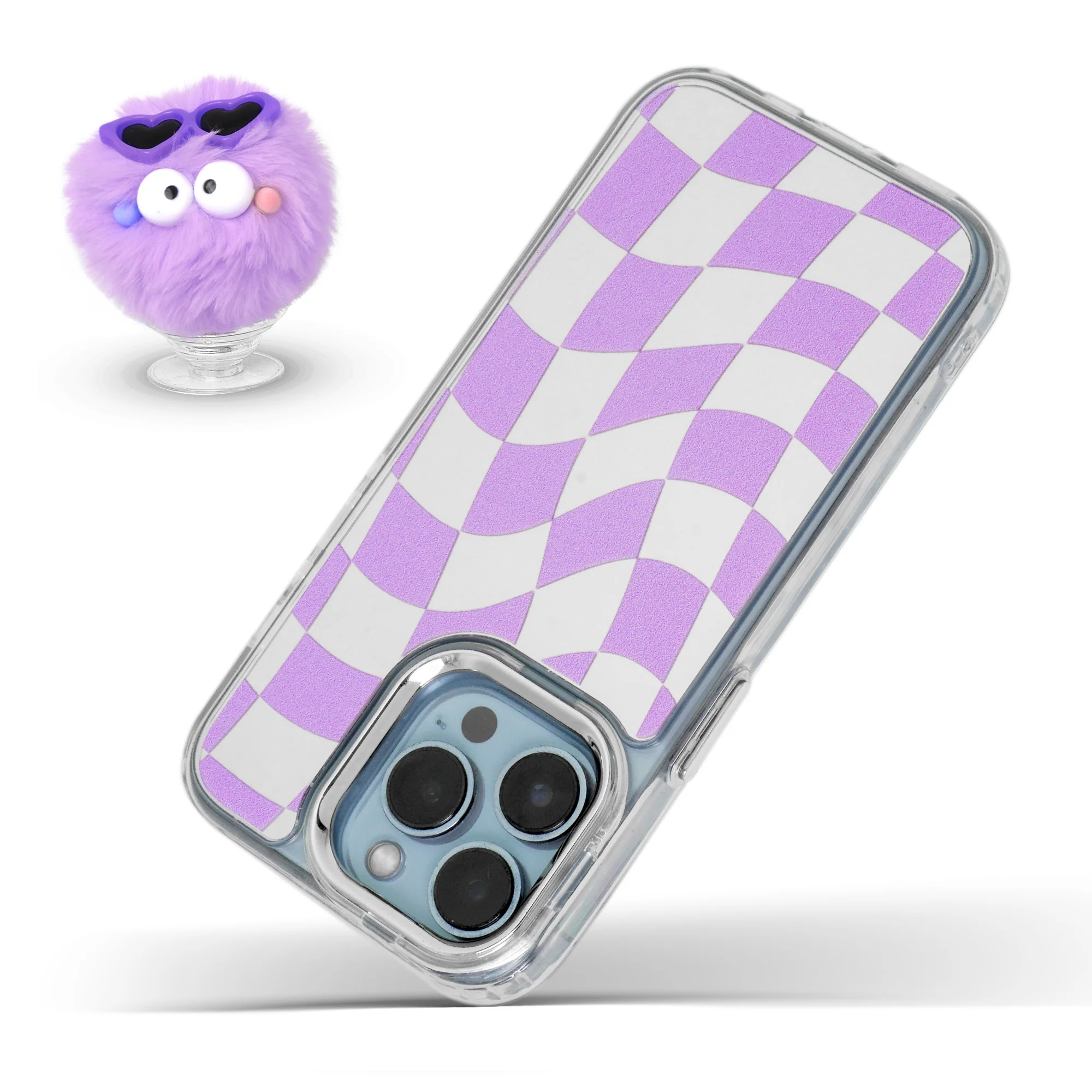 Mirror Checkered Pattern Back Cover with a Fur Pop Socket for Apple iPhone 15 Pro Max - Image 13