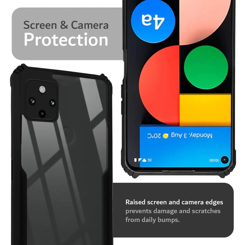 Back Cover Case for Google Pixel 4A 5G | HybridShield Transparent Glass Back | Camera Protection - Black Bumper & Transparent Back - Image 5