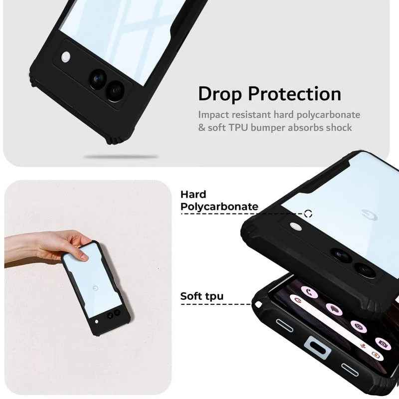 Back Cover Case for Google Pixel 7A | HybridShield Transparent Glass Back | Camera Protection - Black Bumper & Transparent Back - Image 4