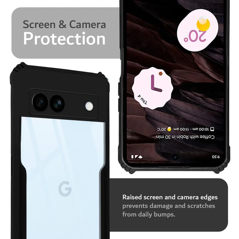 Back Cover Case for Google Pixel 7A | HybridShield Transparent Glass Back | Camera Protection - Black Bumper & Transparent Back - Image 6