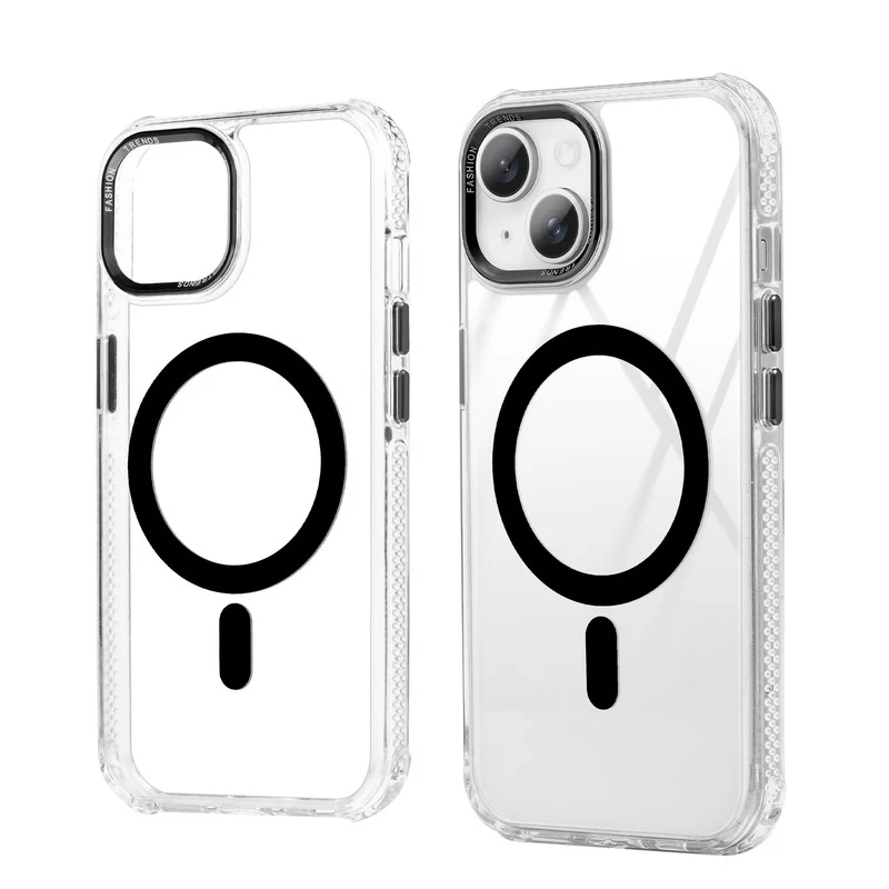 Premium Crystal Clear Hard Back Case For Apple iPhone 14 with Strong Wireless Charging Support Magnet & Colored Metal finish Ring Camera Protection