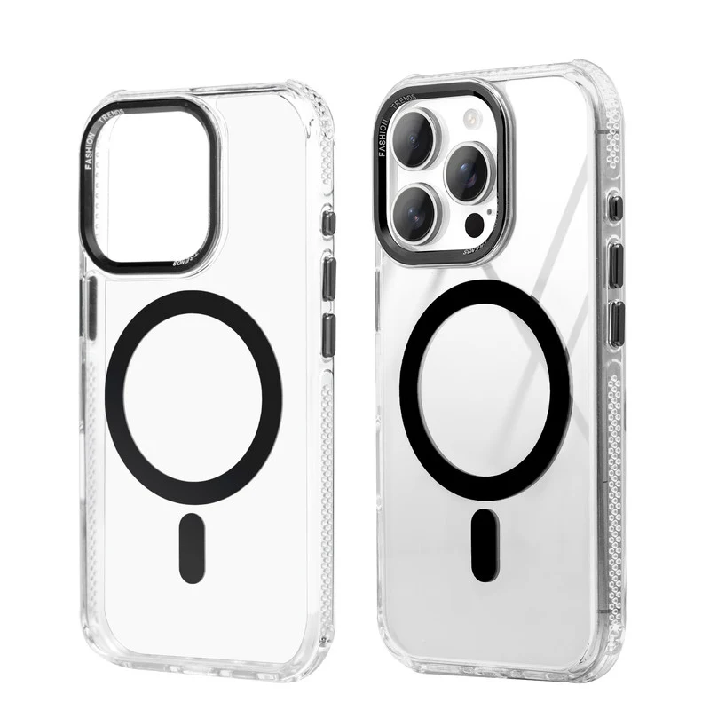 Premium Crystal Clear Hard Back Case For Apple iPhone 15 Pro Max with Strong Wireless Charging Support Magnet & Colored Metal finish Ring Camera Protection