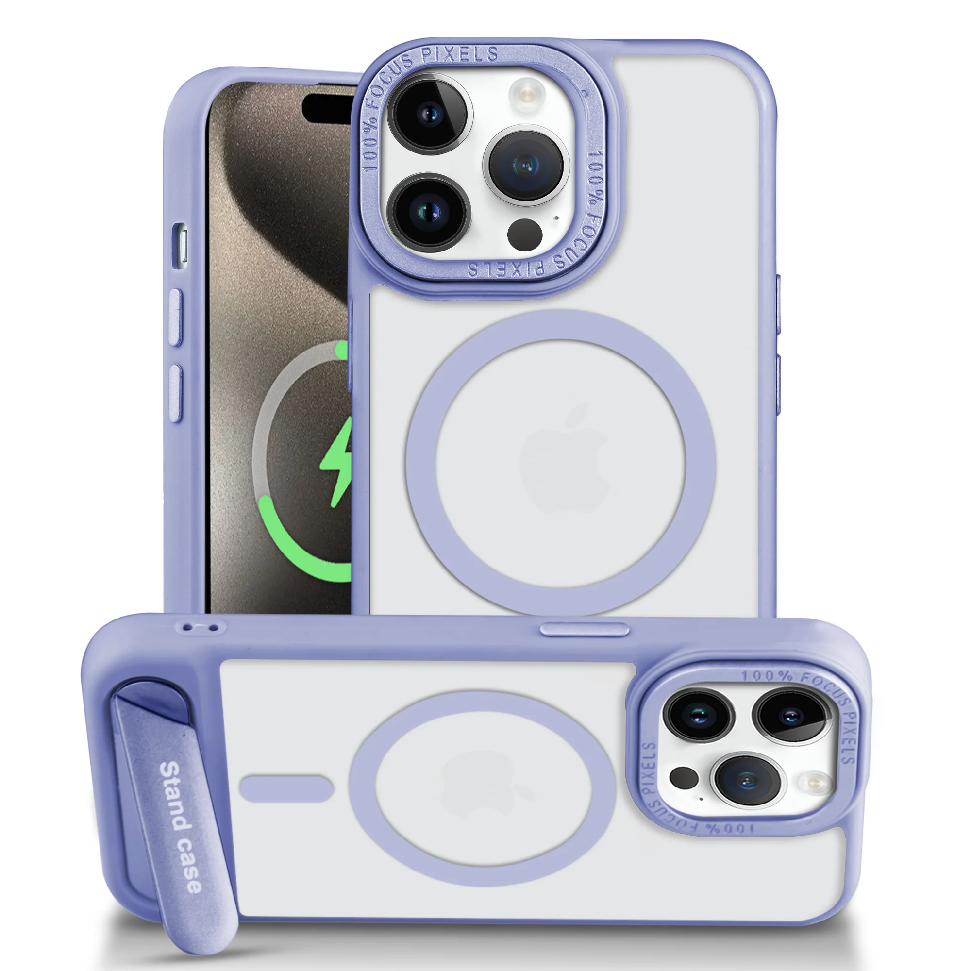 Semi-Transparent Hard Back & Wireless Charging Support Compatible With Kickstand Back Case For Apple iPhone 15 Pro Max - Image 21