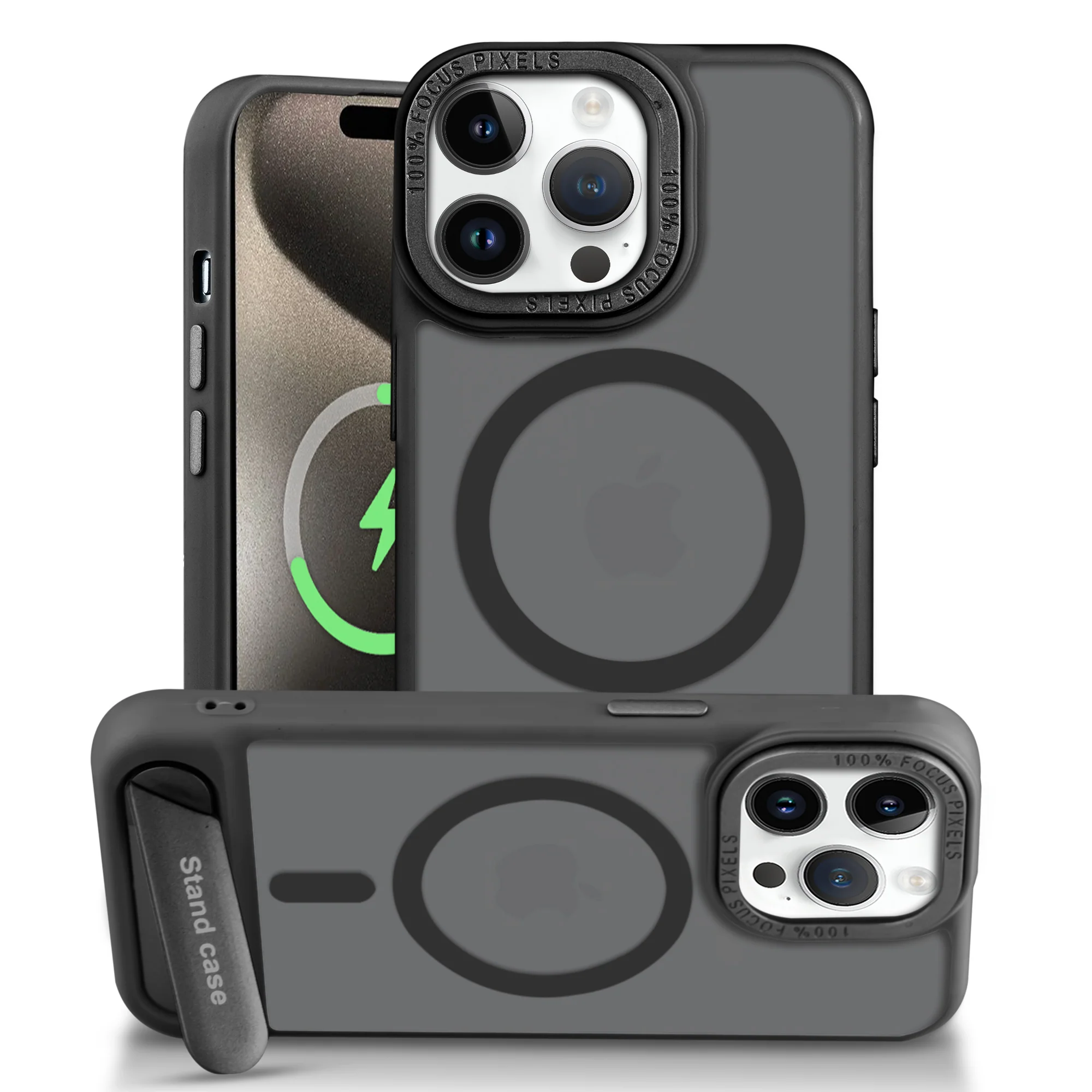 Semi-Transparent Hard Back & Wireless Charging Support Compatible With Kickstand Back Case For Apple iPhone 15 Pro Max - Image 3