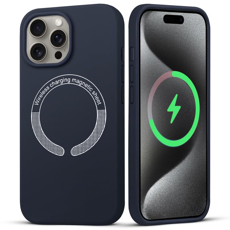 Silicon Back Cover Case for iPhone 15 Pro Max with Wireless Charging Support Supports Magnetic Charging | Screen and Camera Protection -Navy Blue