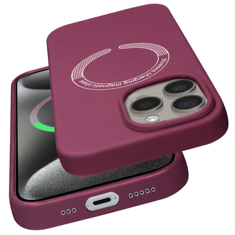 Silicon Back Cover Case for iPhone 15 Pro Max with Wireless Charging Support Supports Magnetic Charging | Screen and Camera Protection -Plum Red - Image 5