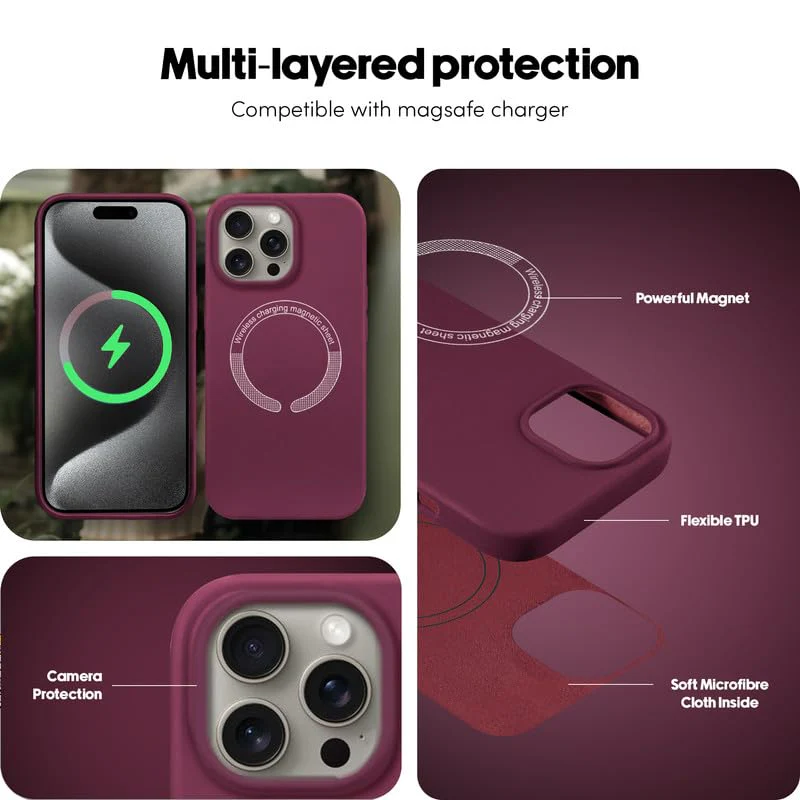Silicon Back Cover Case for iPhone 15 Pro Max with Wireless Charging Support Supports Magnetic Charging | Screen and Camera Protection -Plum Red - Image 6