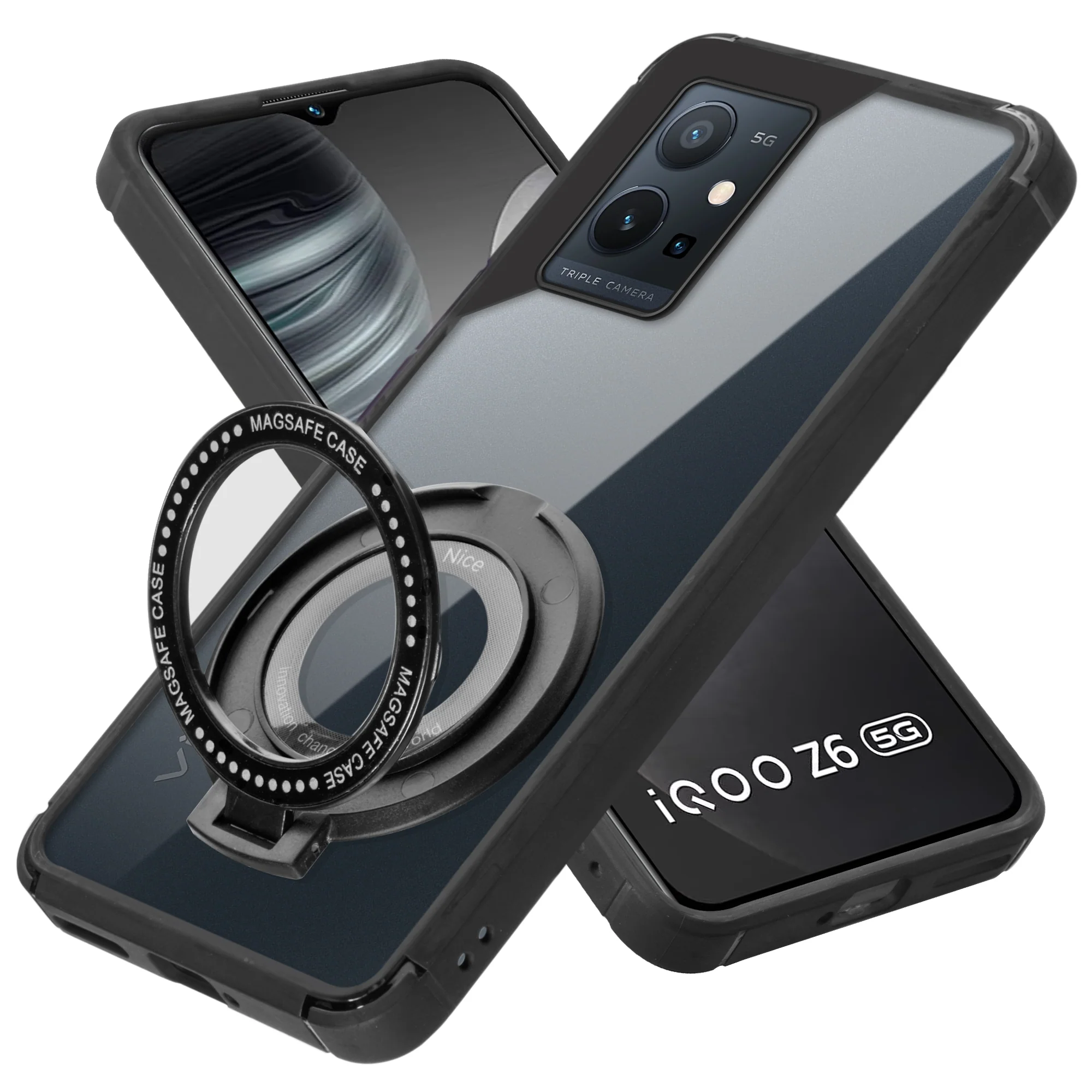 Silicone Grip Clear Case Ring Holder Kickstand For iQOO Z6 5G