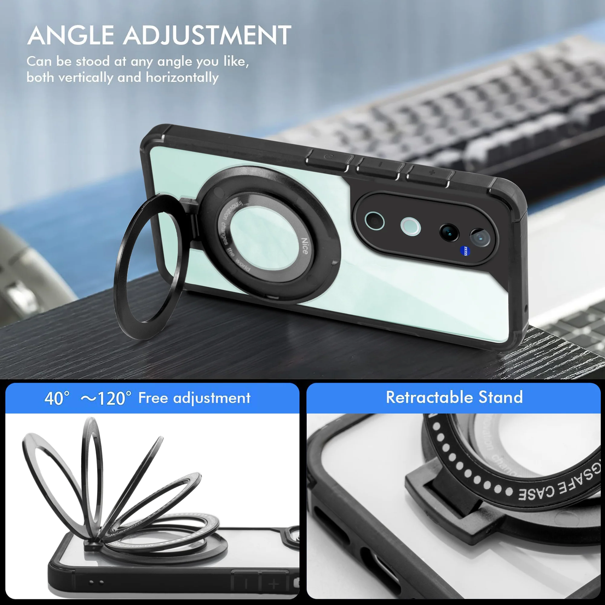 Silicone Grip Clear Case Ring Holder Kickstand For Vivo T3 Ultra 5G - Image 3
