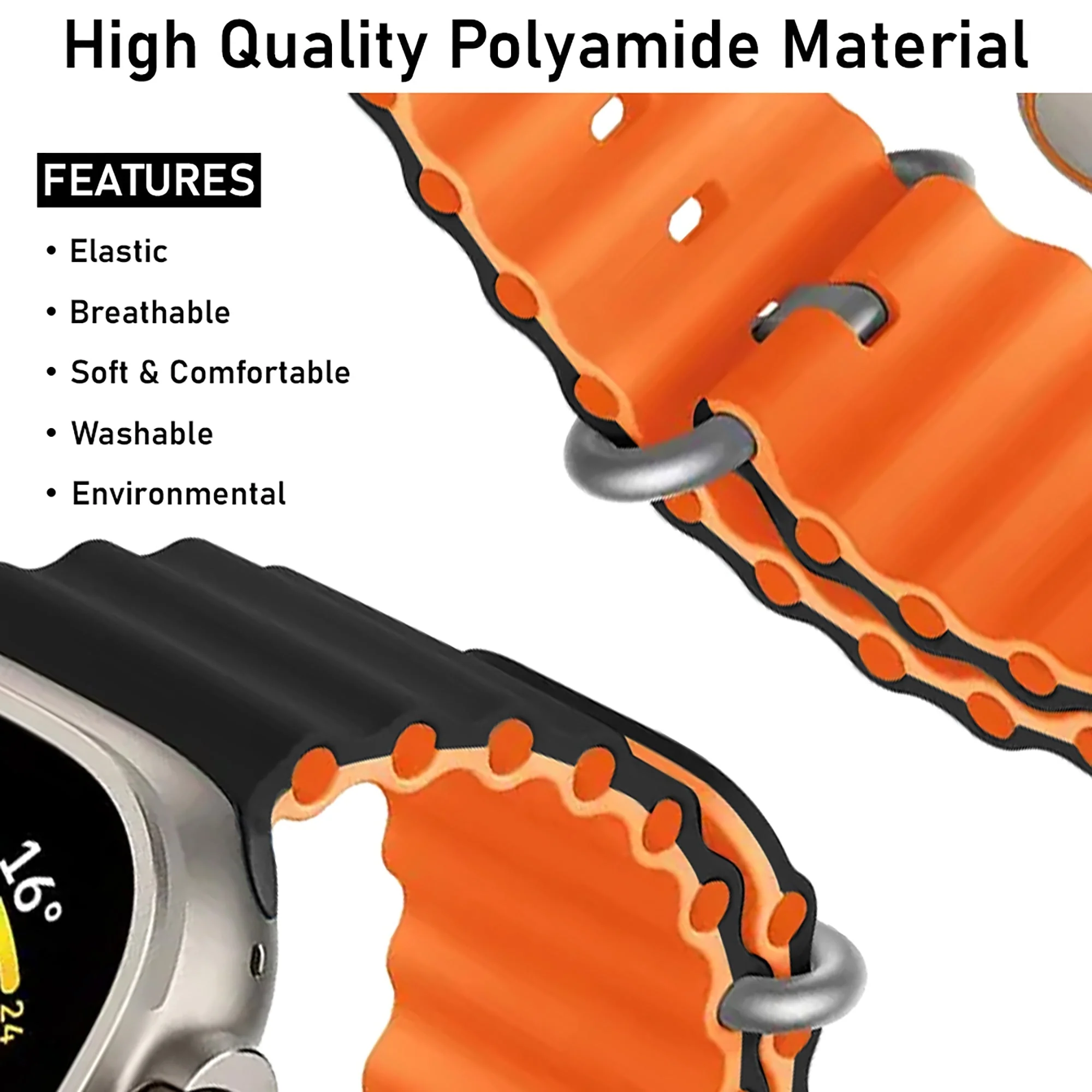 Silicone Ocean Loop Strap for - Apple Watch 49mm  - Black & Orange - Image 6