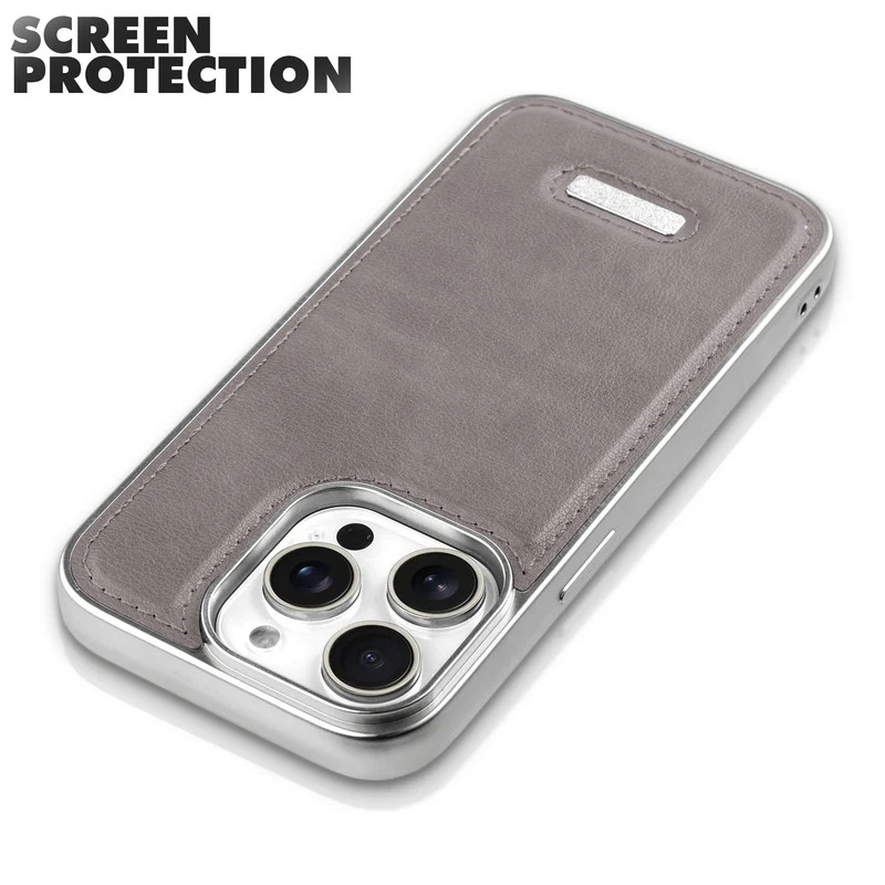 Sophisticated Leather Cover for Apple iPhone 14 Pro Max with Shiny Silver Edges, Stitched Back Design & Hard Shell Protection - Image 10