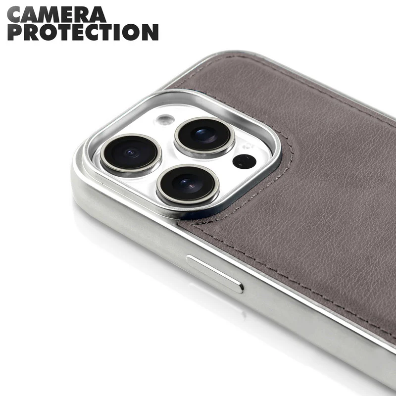 Sophisticated Leather Cover for Apple iPhone 14 Pro Max with Shiny Silver Edges, Stitched Back Design & Hard Shell Protection - Image 11