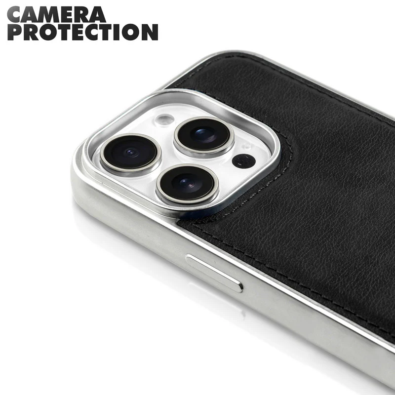Sophisticated Leather Cover for Apple iPhone 14 Pro Max with Shiny Silver Edges, Stitched Back Design & Hard Shell Protection - Image 23