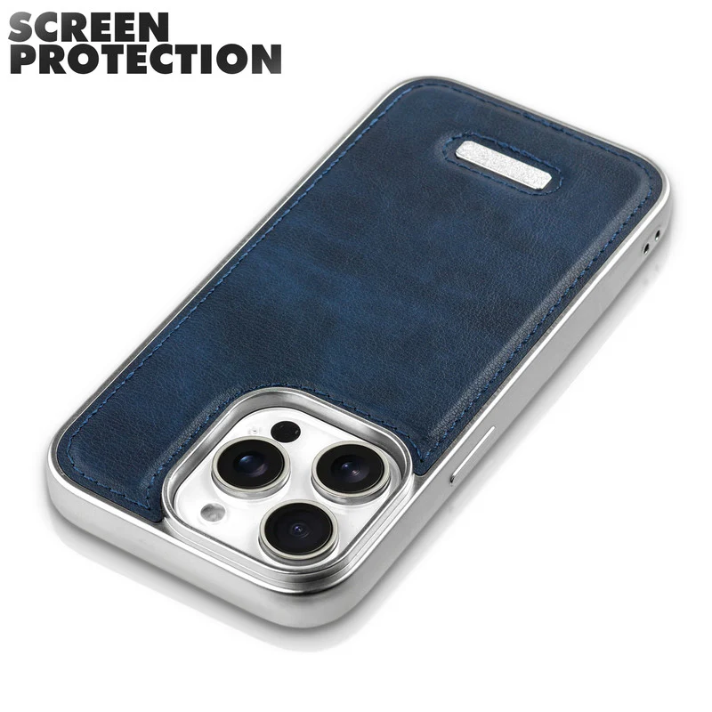 Sophisticated Leather Cover for Apple iPhone 15 Pro Max with Shiny Silver Edges, Stitched Back Design & Hard Shell Protection - Image 22