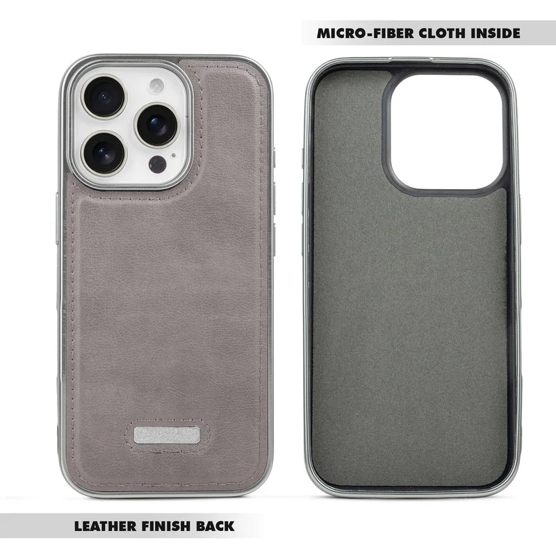 Sophisticated Leather Cover for Apple iPhone 15 Pro Max with Shiny Silver Edges, Stitched Back Design & Hard Shell Protection - Image 9