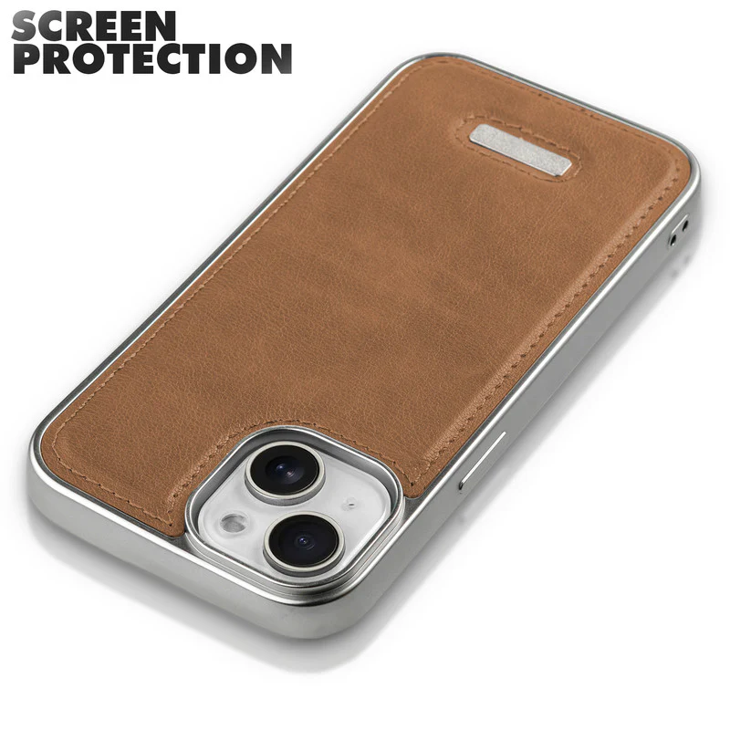 Sophisticated Leather Cover for Apple iPhone 15 with Shiny Silver Edges, Stitched Back Design & Hard Shell Protection - Image 10