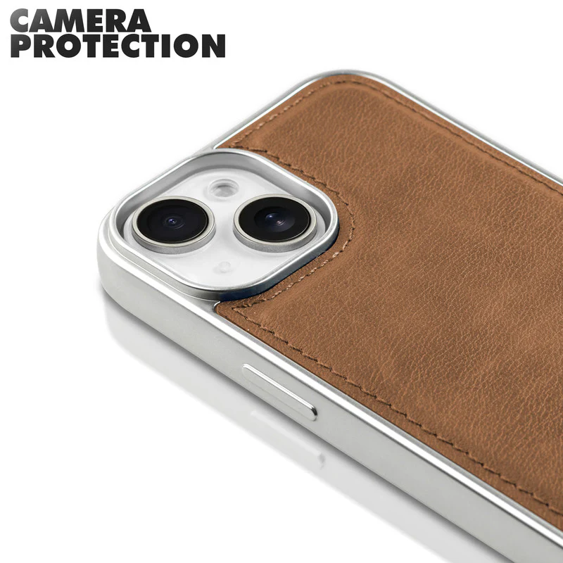 Sophisticated Leather Cover for Apple iPhone 15 with Shiny Silver Edges, Stitched Back Design & Hard Shell Protection - Image 11
