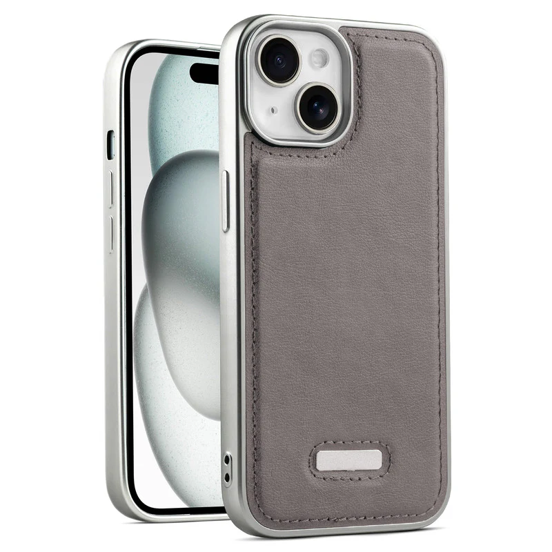 Sophisticated Leather Cover for Apple iPhone 15 with Shiny Silver Edges, Stitched Back Design & Hard Shell Protection - Image 13